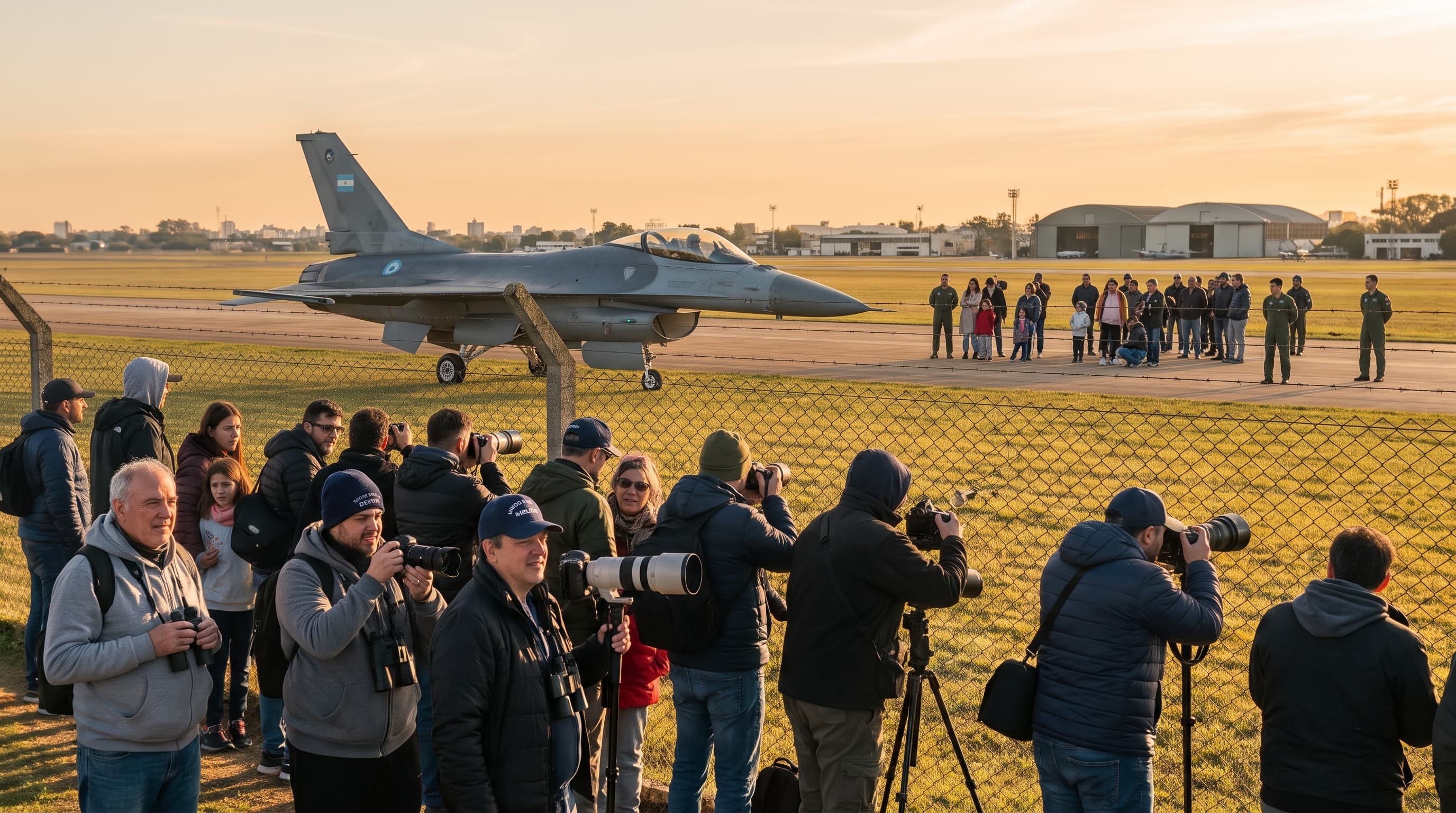 Grupo fotografiando un F-16 de la Fuerza Aérea Argentina en pista