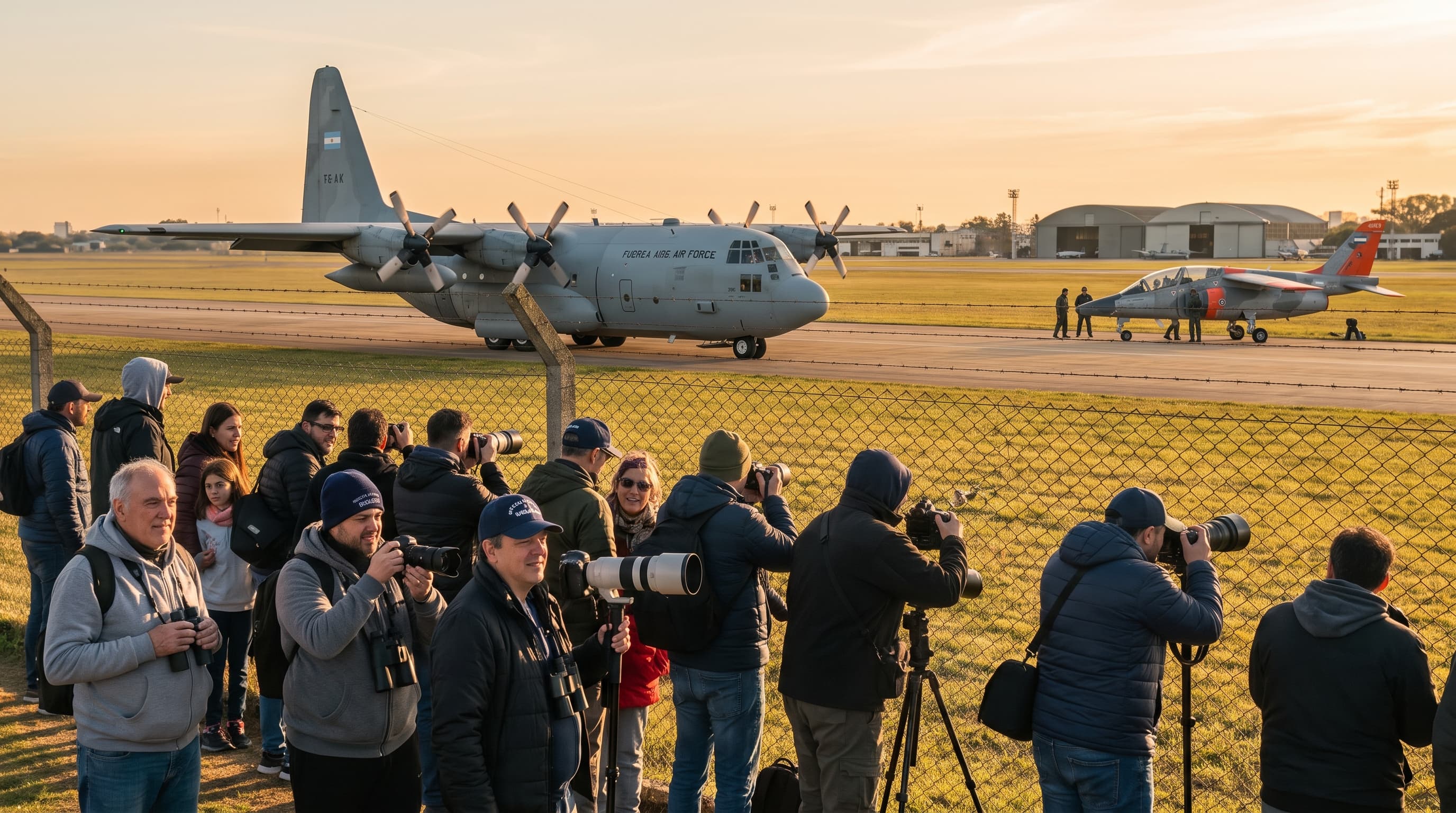 Grupo fotografiando un C-130 Hércules y un IA-63 Pampa en pista